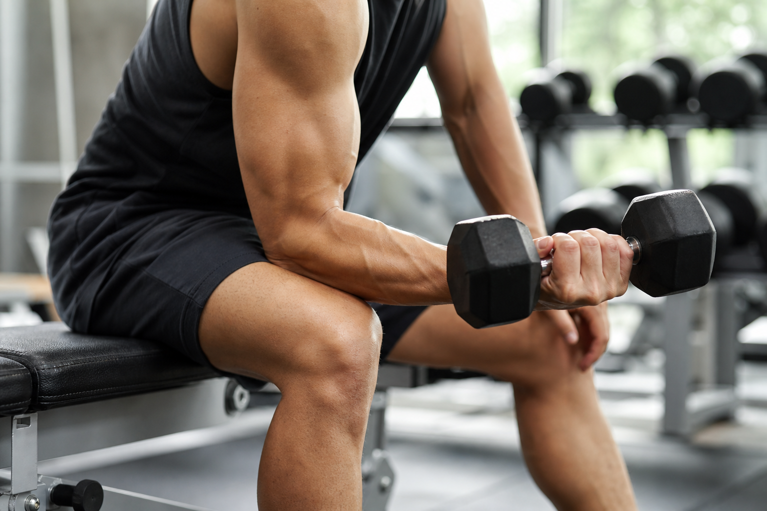 Person performing a forearm workout with dumbbells using a wrist curl