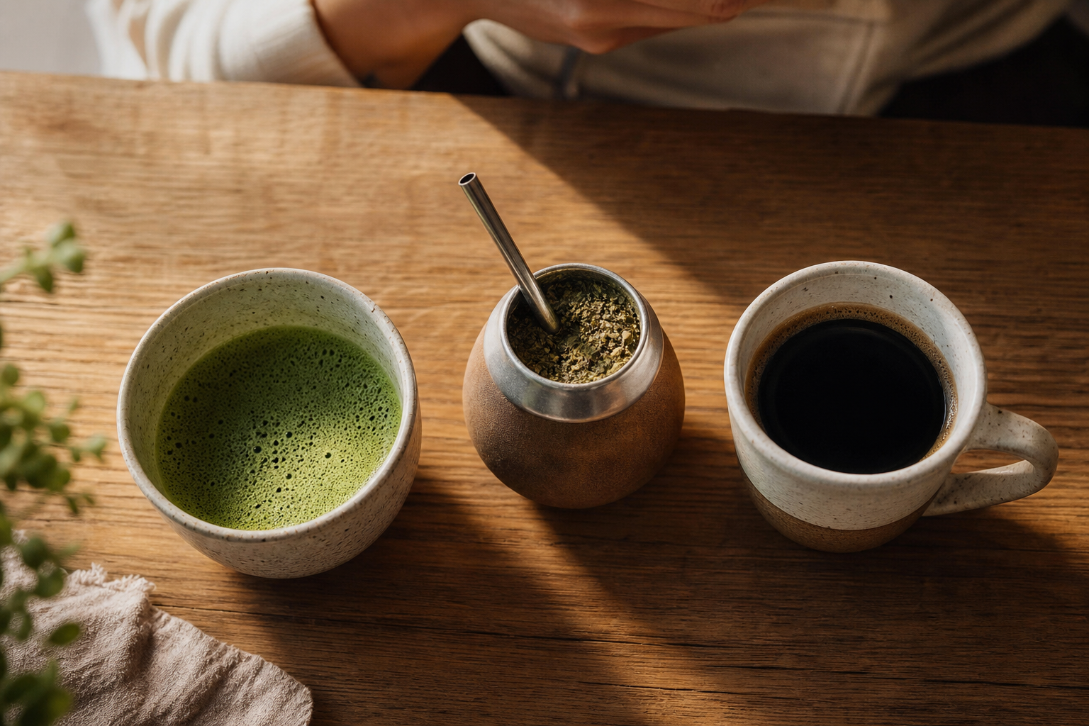 Best alternative for coffee to stay awake shown as matcha, yerba mate, and coffee side by side