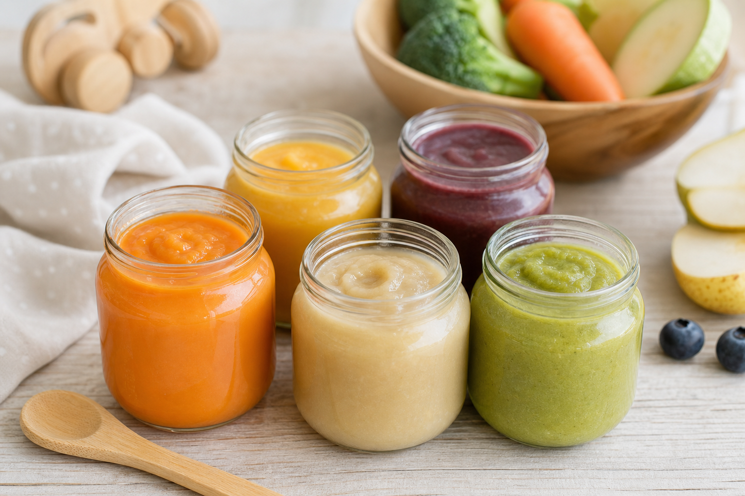 Jars of best organic baby food purees arranged on a wooden table