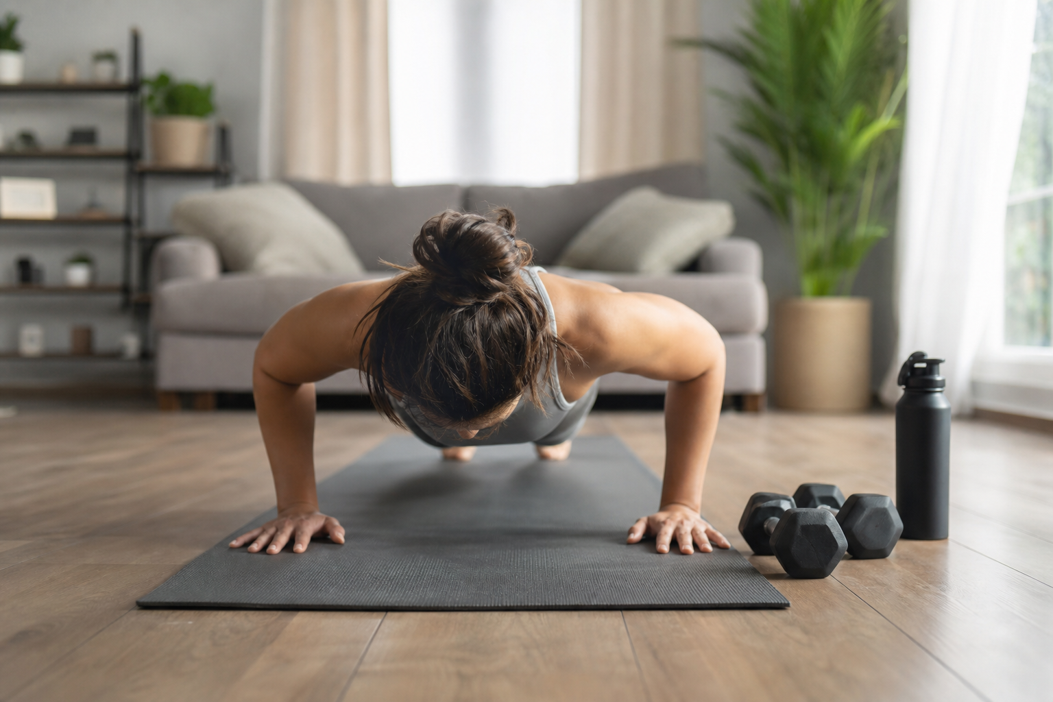 Person performing a push-up as part of the best workout routine at home