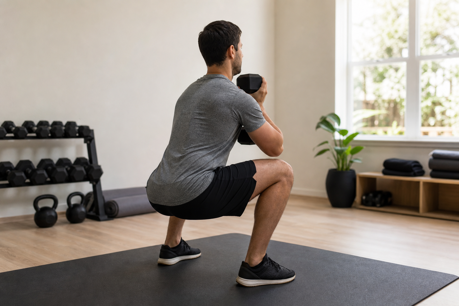 Beginner following a workout routine for beginners using a goblet squat