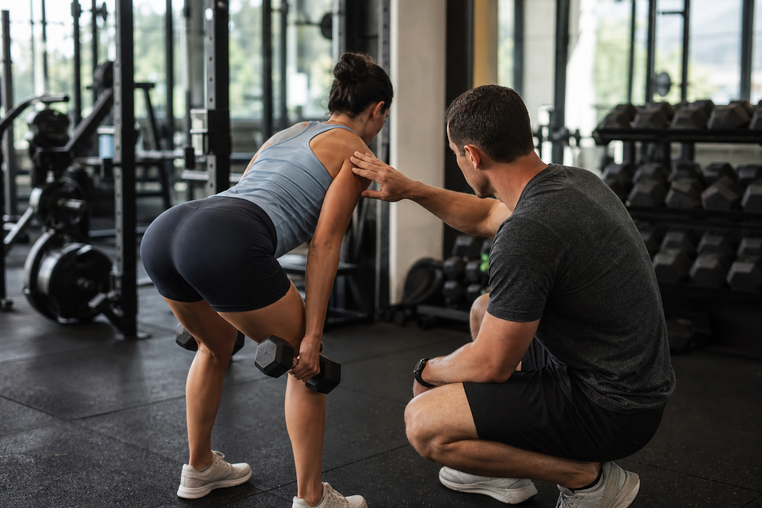 personal trainer working with a client at a 24 Hour Fitness style gym