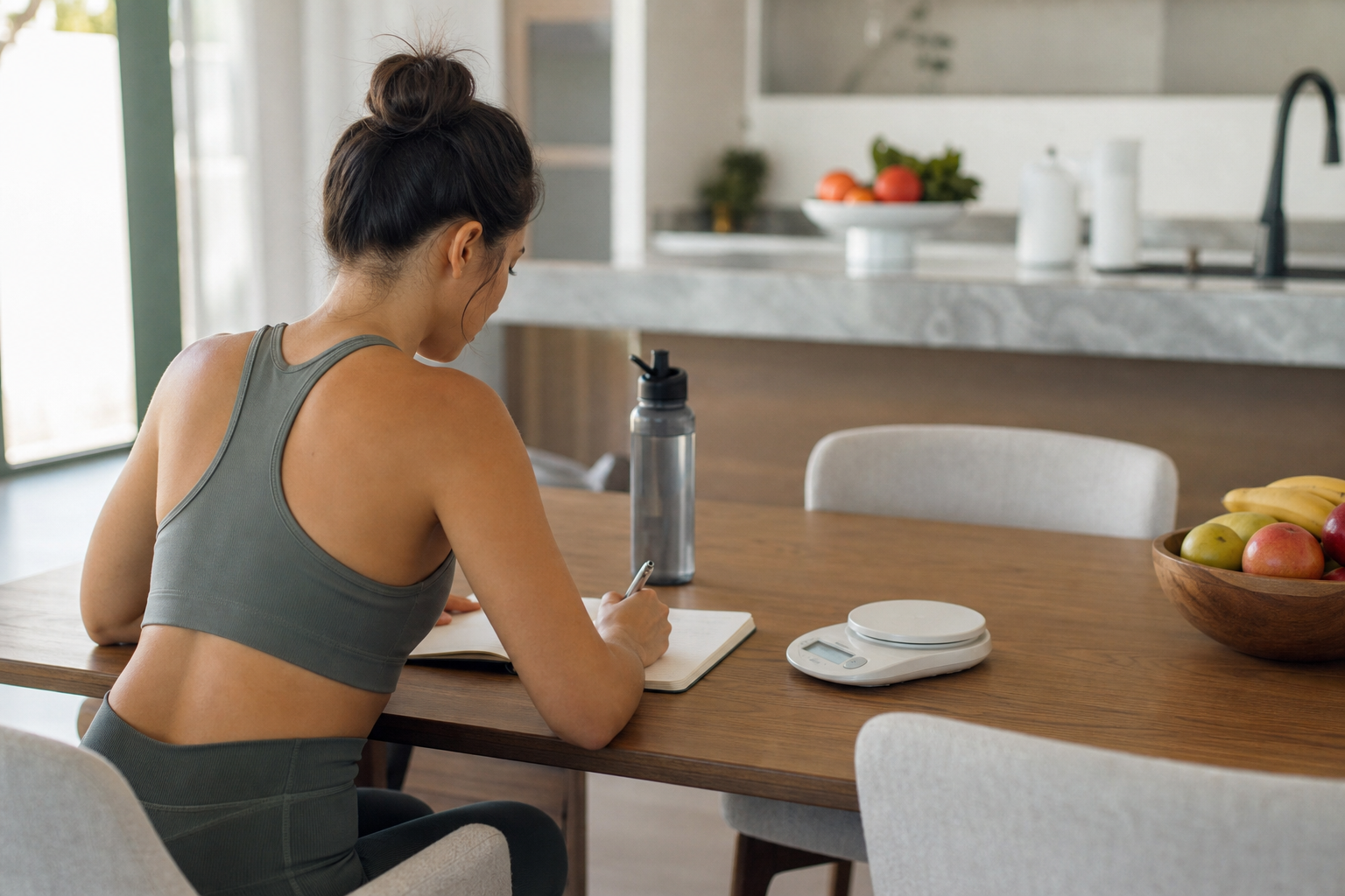 Person tracking healthy weight loss habits with journal and food scale