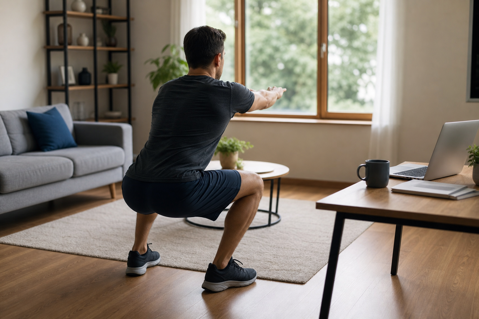 person fitting a short workout into a busy lifestyle at home