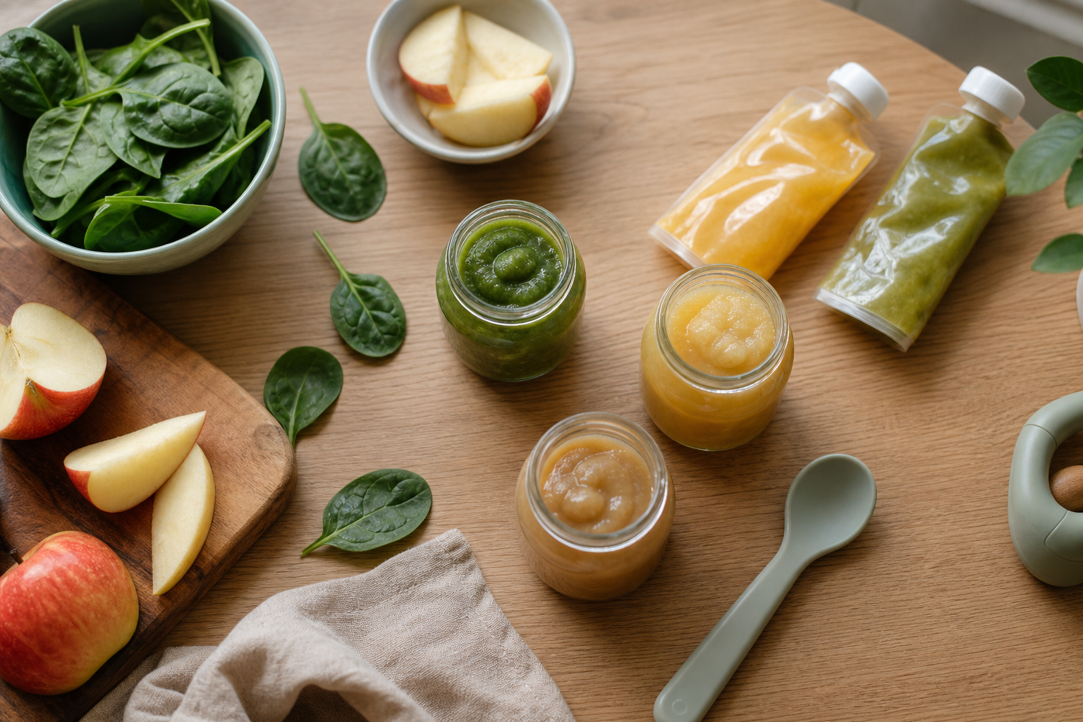 Organic baby food jars and fresh produce arranged on a table