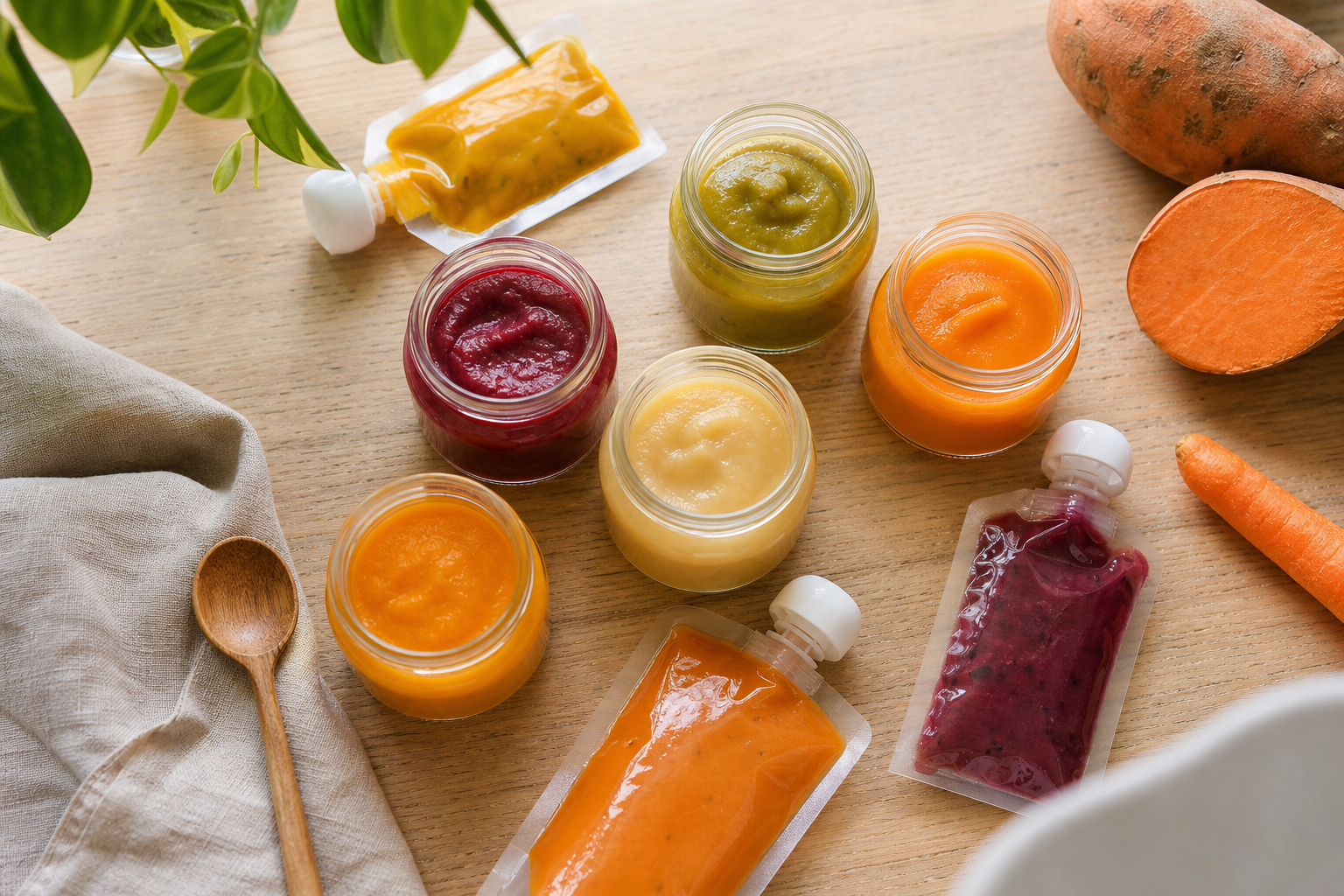 Assortment of organic baby food brands in jars and pouches on a kitchen table