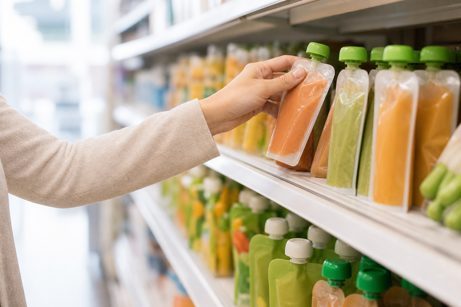 Parent choosing organic baby food near me at a grocery store shelf
