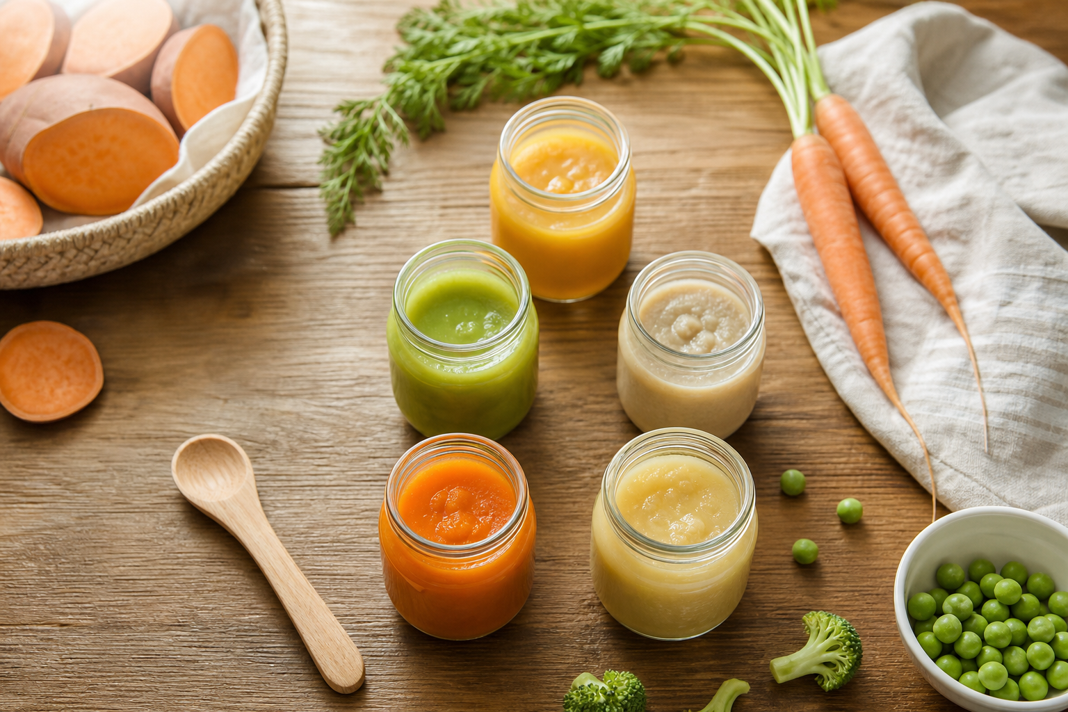 Jars of organic baby food recipes with fresh vegetables on a kitchen table
