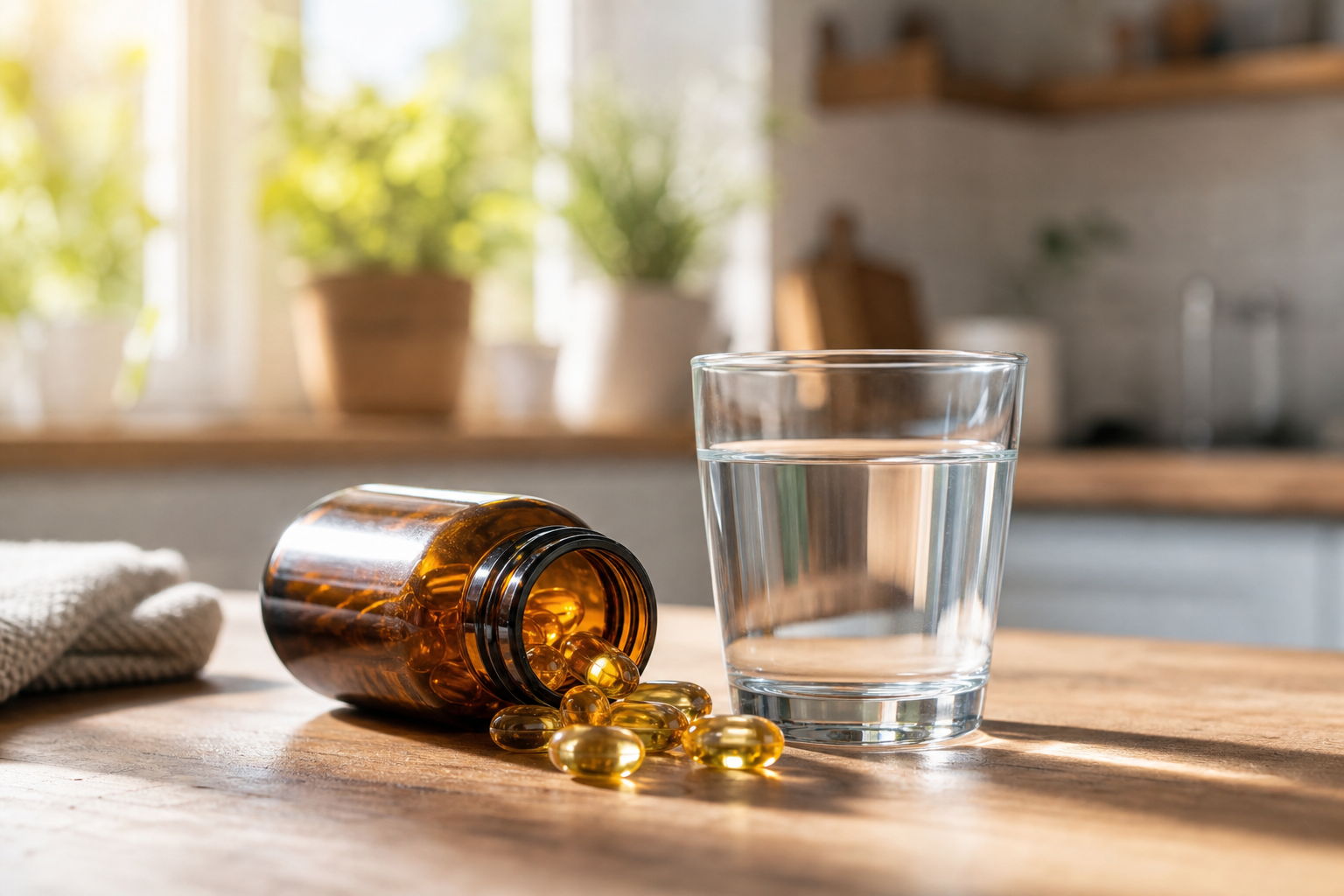 Vitamin D supplements bone health capsules on a kitchen counter