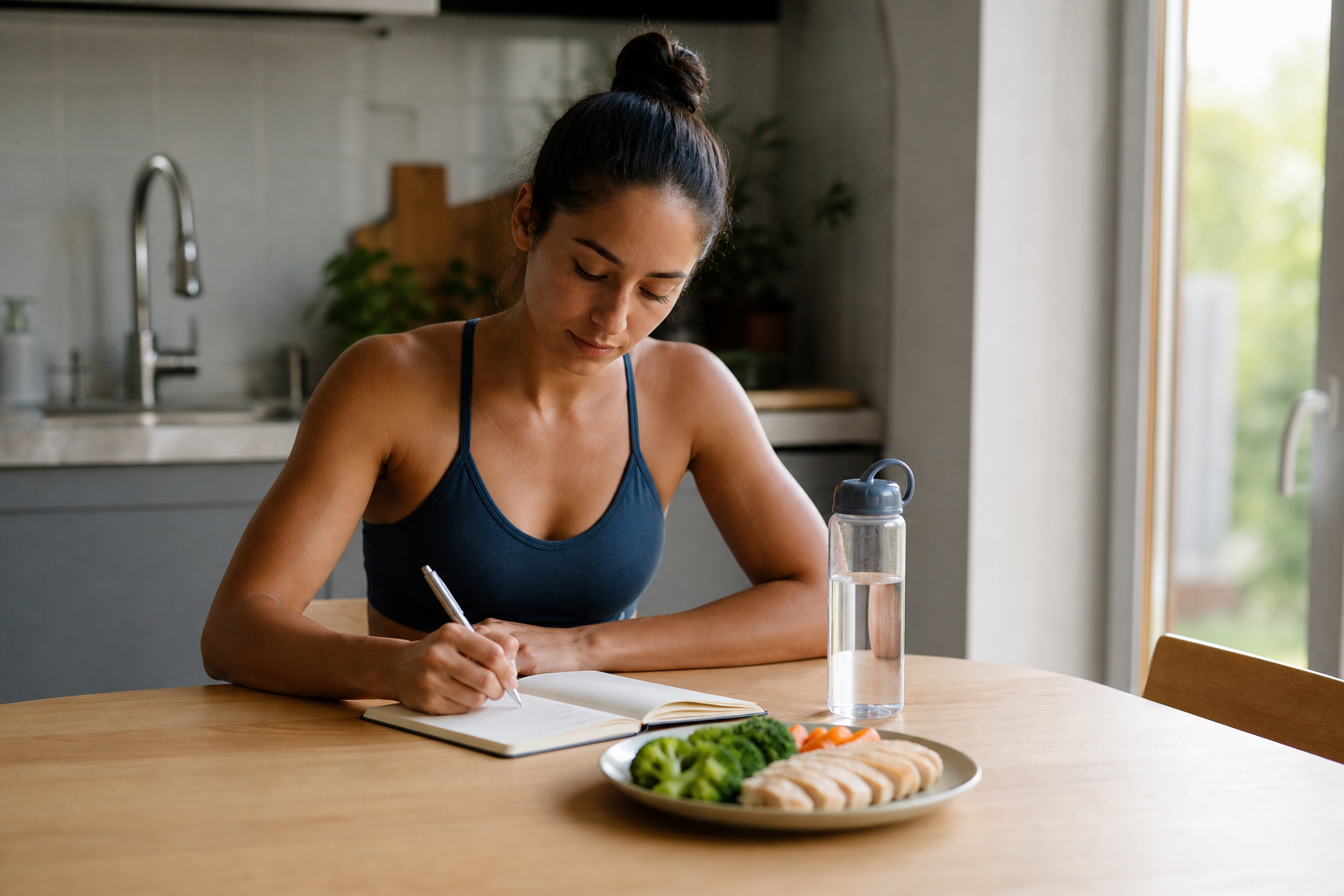 Person building healthy weight loss habits through morning journaling and a balanced plate