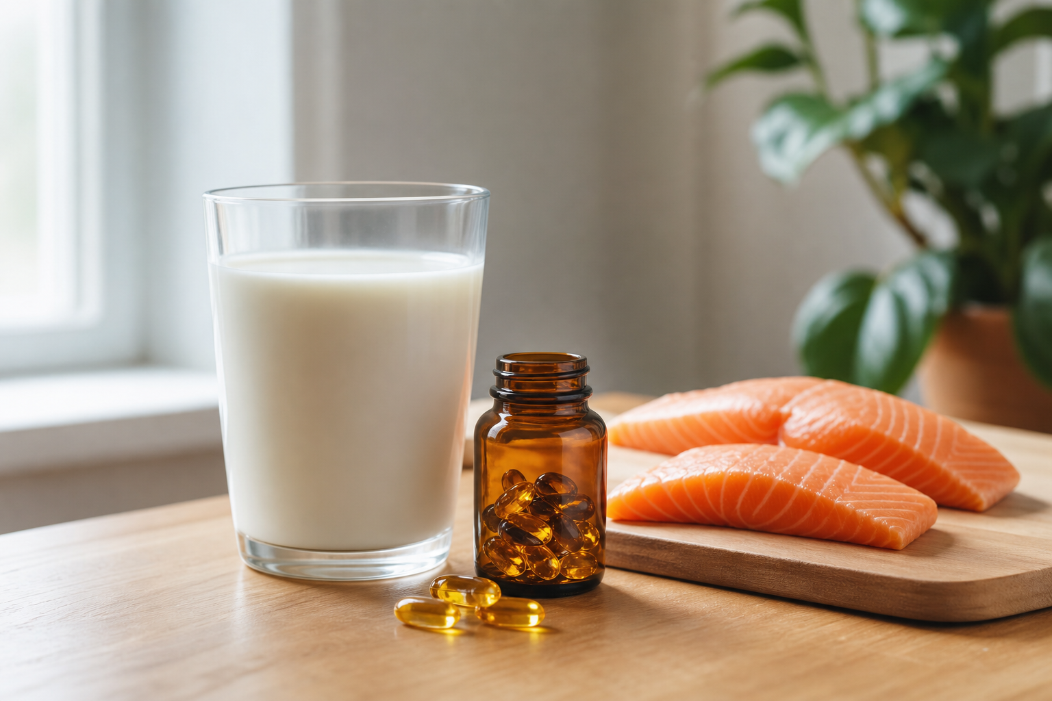 Vitamin D daily dosage by age shown through supplement bottle and food sources