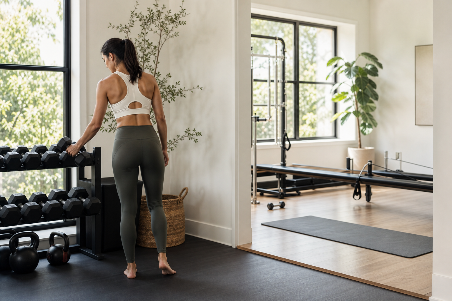 woman preparing for a 3 2 1 rule gym workout combining strength and Pilates
