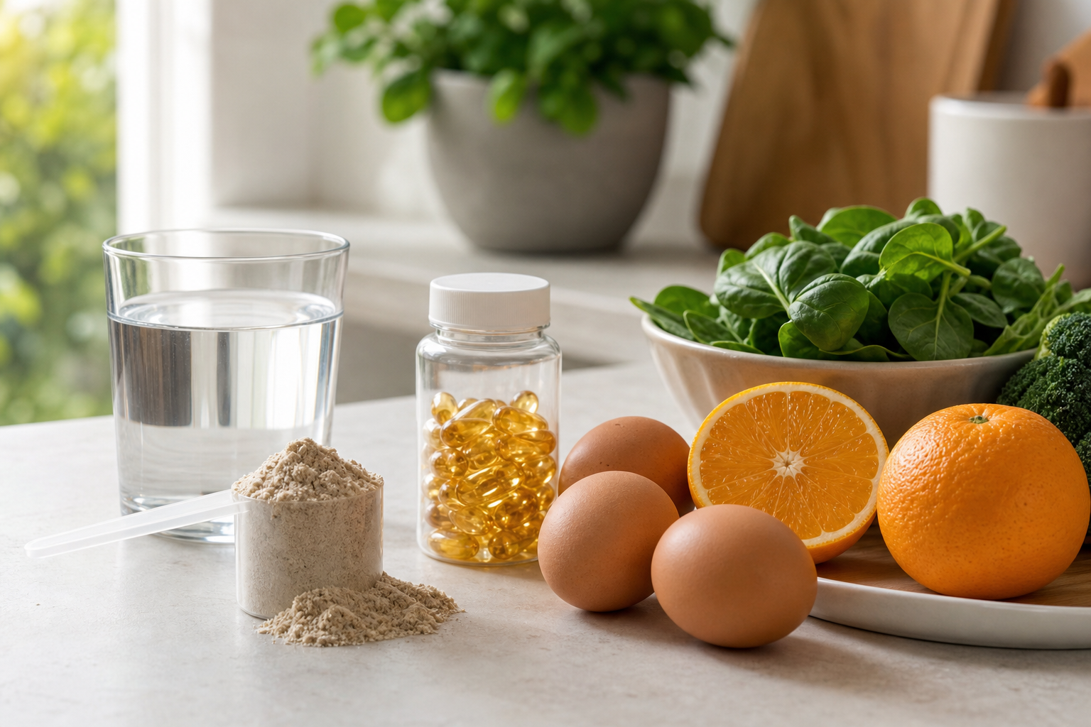 Supplements and whole foods arranged together showing the role of supplements in fitness and wellness