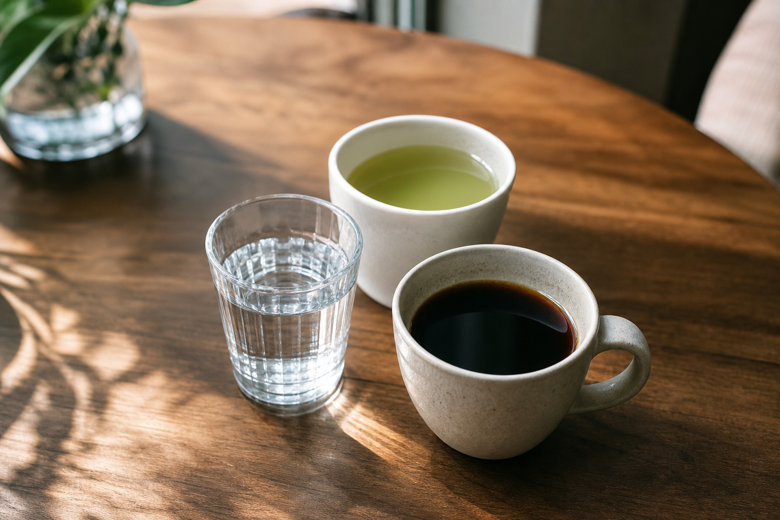 healthiest drinks for energy including water, green tea and coffee arranged on a table