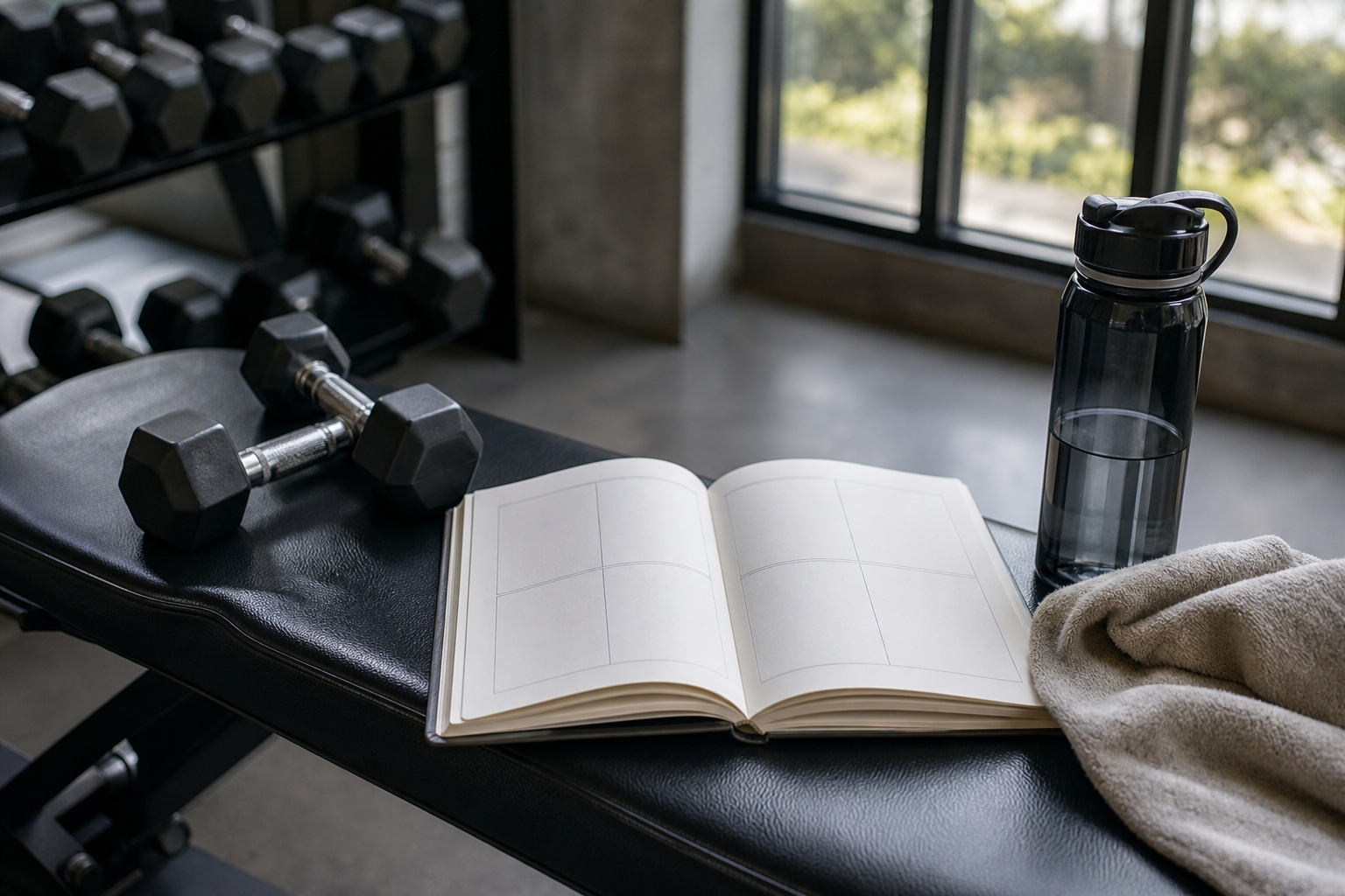 Weekly workout schedule planner next to dumbbells in a gym