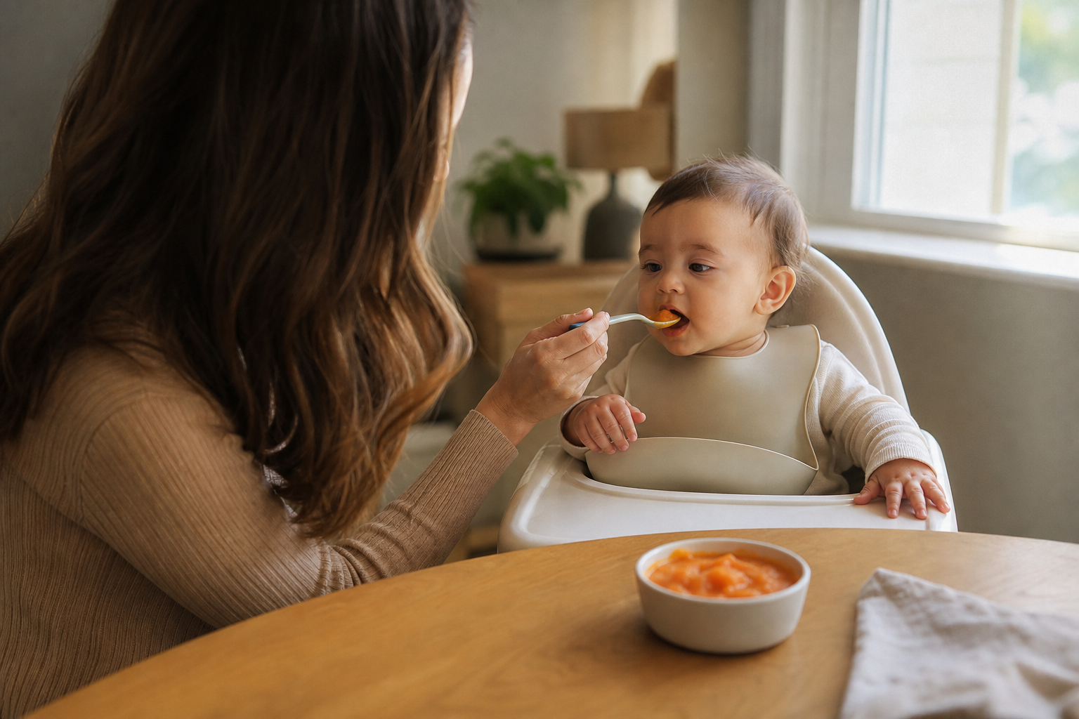 Parent feeding baby organic baby food from a spoon at a wooden table